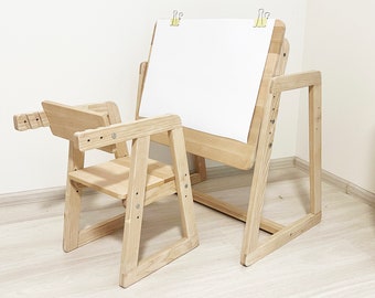 Handmade Montessori Kids table and baby chair For Children - Transformer wood chair and easel for creative work