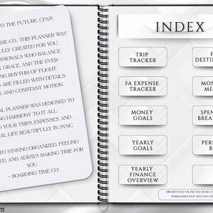May include: Open notebook with a spiral binding, featuring an index page with labeled sections like "Trip Tracker" and "Money Goals." A welcome message is on the left, with the text "Boarding Time Co."