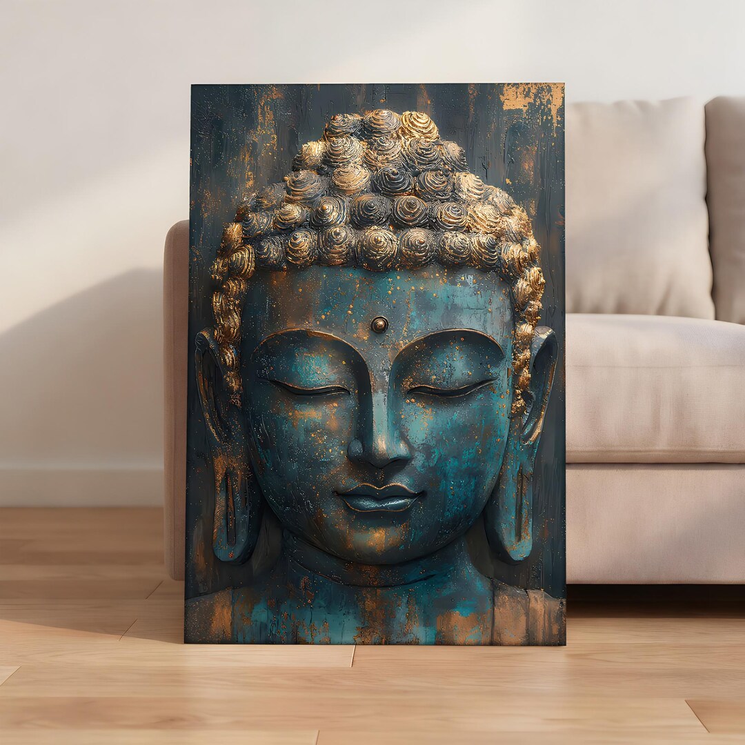 Textured Teal and Gold Buddha Head Canvas Art, Serene Spiritual Zen ...