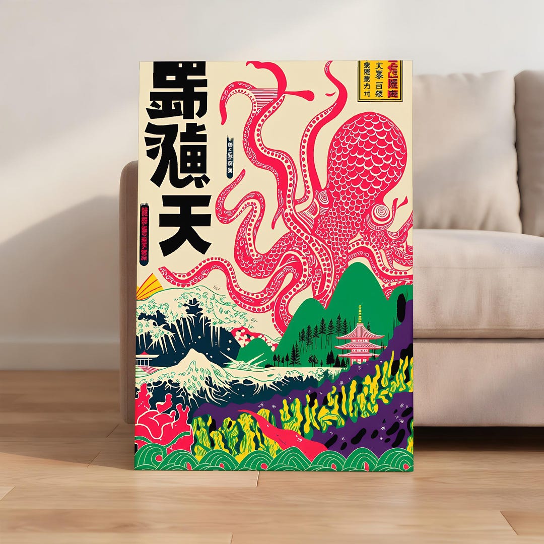 Japanese Octopus Box Japanese Style Giant Octopus Canvas Art, Retro Ukiyo-e Inspired Sea ...