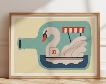Float — Swan Boat in a Bottle Giclée Print | Surreal British Poster