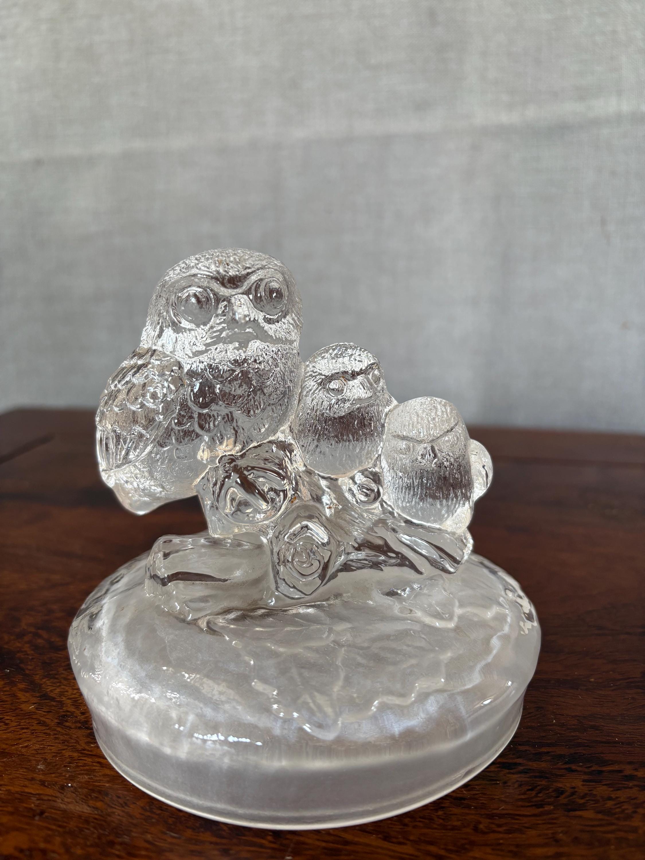 Vintage RCR Royal Crystal Rock Italy 3 Owls Figurine - 24% Lead Crystal Owl Family Statue Paperweigh