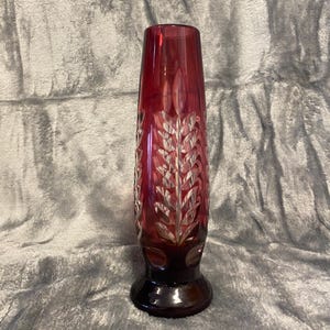 Vintage Webb Corbett Ruby Red Lead Crystal Vase, Hand Cut Wheat Leaf Design, 1970s British Art Glass, Collectible Crystal Decor