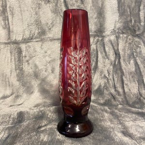 Vintage Webb Corbett Ruby Red Lead Crystal Vase, Hand Cut Wheat Leaf Design, 1970s British Art Glass, Collectible Crystal Decor