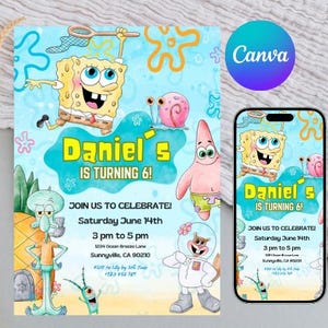 Op de afbeelding: Een lichtblauwe verjaardagsuitnodiging met SpongeBob SquarePants-personages. De uitnodiging luidt "Daniel wordt 6!" en bevat evenementdetails. Een smartphone toont hetzelfde ontwerp. Het Canva-logo is zichtbaar.