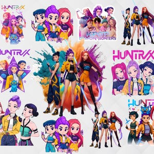 Puede incluir: Una colección de pegatinas coloridas con ilustraciones de estilo anime de un grupo de mujeres. Las pegatinas tienen el texto "HUNTRAX" y "K-POP DEMON HUNTERS". Las mujeres están representadas en varias poses, vistiendo atuendos elegantes y sosteniendo armas.