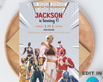 Plantilla editable de invitación para fiesta de cumpleaños de los Power Rangers (5x7) Producto descargable digitalmente