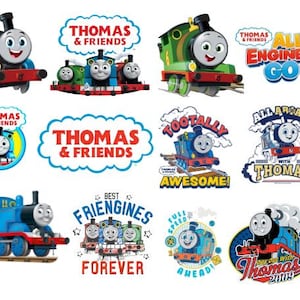 Könnte beinhalten: Eine Sammlung farbenfroher Thomas & Friends-Grafiken. Die Bilder zeigen verschiedene Zugcharaktere, darunter Thomas, Percy und andere, mit Texten wie "Thomas & Friends", "All Engines Go" und "Best Friengines Forever". Die Designs sind lebendig und verspielt.