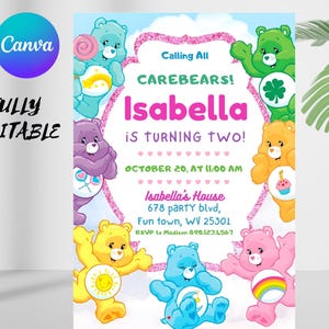 Könnte beinhalten: Eine vollständig bearbeitbare Geburtstagseinladung mit Care Bears. Die Einladung enthält den Text "Calling All Carebears! Isabella wird zwei!" und Veranstaltungsdetails. Das Design integriert verschiedene Care Bear-Charaktere.