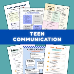 Può includere: Una raccolta di guide informative sulla comunicazione tra adolescenti, con titoli come "Parlare con la famiglia" e "Parlare con gli adulti". Le guide offrono consigli su argomenti come l'espressione delle esigenze e la gestione di conversazioni difficili. Il titolo "TEEN COMMUNICATION" è ben visibile.