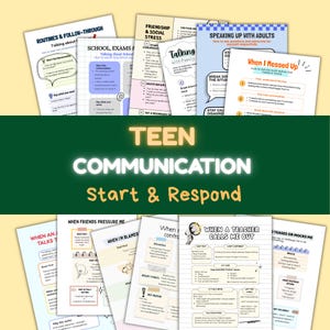 May include: A collection of informational guides on a green background, titled "TEEN COMMUNICATION Start & Respond." The guides cover topics like routines, school, friendship, family, and handling difficult situations. Each guide has a unique title and layout.