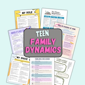 Könnte beinhalten: Eine Sammlung von Informationsblättern mit dem Titel "Teen Family Dynamics" mit verschiedenen Themen wie "My Role" und "Sibling Decoder". Die Blätter haben einen hellblauen Hintergrund und farbigen Text und Grafiken.