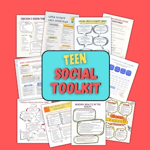 Op de afbeelding: Een verzameling afdrukbare werkbladen en gidsen voor tieners, met de titel "Teen Social Toolkit" in een turquoise kader. De werkbladen behandelen onderwerpen als lichaamstaal, sociale vaardigheden en vriendschapsproblemen. De achtergrond is rood.