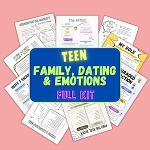 Puede incluir: Una colección de hojas de trabajo titulada Teen Family, Dating & Emotions Full Kit, que presenta varias páginas impresas con texto negro, diagramas y listas de verificación en papel blanco, dispuestas en abanico sobre un fondo rosa.