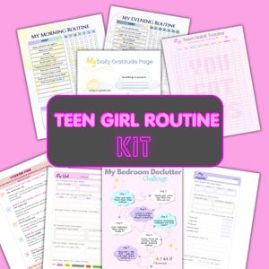 Puede incluir: Un conjunto de páginas de planificador imprimibles para la rutina diaria de una adolescente, que incluye rutinas matutinas y vespertinas, un rastreador de hábitos y un desafío de limpieza de dormitorios. El kit presenta un esquema de color rosa y morado.