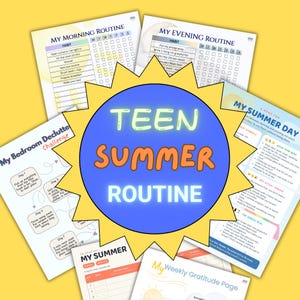 Könnte beinhalten: Eine Sammlung von druckbaren Routine- und Herausforderungsblättern für Teenager mit Titeln wie My Morning Routine, My Evening Routine, My Summer Day, My Bedroom Declutter Challenge und My Weekly Gratitude Page, hinter einer blauen Sonnengrafik.