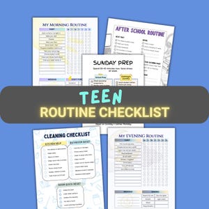Op de afbeelding: Een verzameling afdrukbare tienerroutine-checklists. De checklists omvatten ochtend-, naschoolse-, avond-, schoonmaak- en zondagsvoorbereidingsroutines. De titel "Teen Routine Checklist" is in het geel weergegeven.