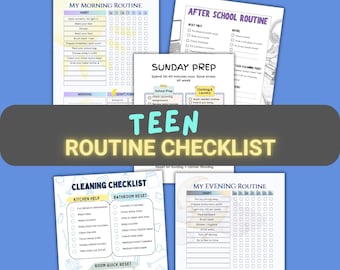 May include: A collection of printable teen routine checklists. The checklists include morning, after-school, evening, cleaning, and Sunday prep routines. The title "Teen Routine Checklist" is displayed in a large, yellow font.