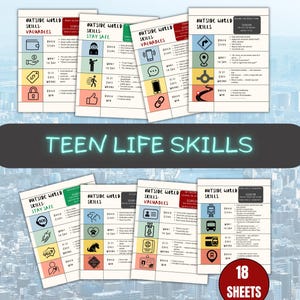 Könnte beinhalten: Eine Sammlung von 18 Lernblättern mit dem Titel Teen Life Skills und Outside World Skills. Jedes Blatt enthält farbige Raster mit Symbolen, schnellen Schritten, Sprechvorschlägen und Tipps zur Problemlösung für verschiedene Alltagssituationen.