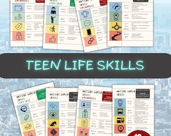 May include: A collection of 18 educational sheets titled Teen Life Skills and Outside World Skills. Each sheet features colorful grids with icons, quick steps, what to say, and troubleshooting tips for various real-world safety and social scenarios.