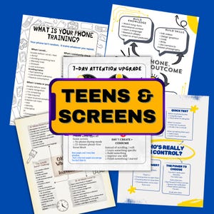 May include: A collection of educational posters on a blue background. The posters cover topics like phone usage, attention upgrades, and screen time for teens. The central poster has the text "TEENS & SCREENS".