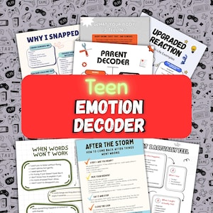 May include: A collection of printed cards and papers with the title "Teen Emotion Decoder" in a red banner. The cards feature text and graphics related to emotions, reactions, and communication. The background has a pattern of game controllers and other game-related icons.