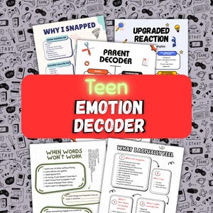 May include: A collection of informational cards with the title "Teen Emotion Decoder" in a red rectangle. The cards have titles like "Why I Snapped," "Parent Decoder," and "Upgraded Reaction." The background features a pattern of game controllers and other gaming-related doodles.