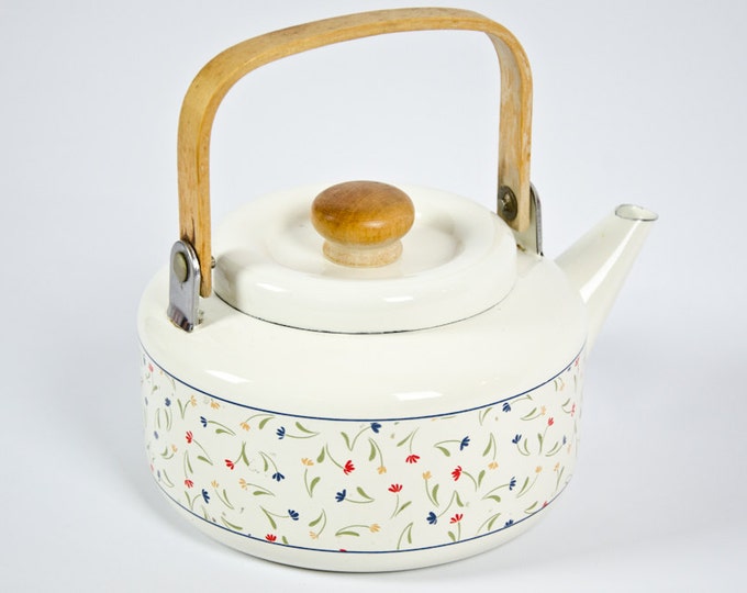 Vintage White Enamel Tea Kettle With Floral Design Etsy