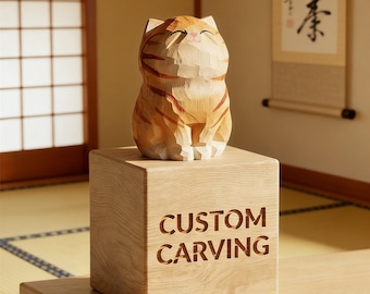 Hand Carved Ginger Cat Figurine/Custom Wooden Cat Sculpture/Smiling Orange Tabby Statue/Unique Desktop Decoration/A Gift For Cat Lovers