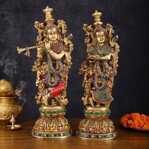 Brassaura 真鍮製ラーダー・クリシュナ像 – 高さ21インチ、重量18kg