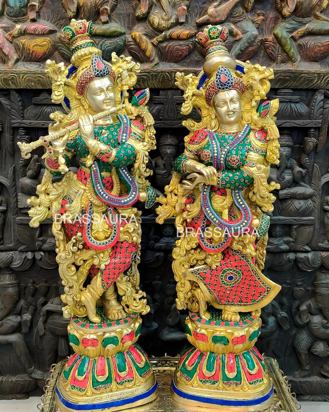Brass Radha-krishna Idol With Gemstone – 30-inch Devotional Sculpture ...