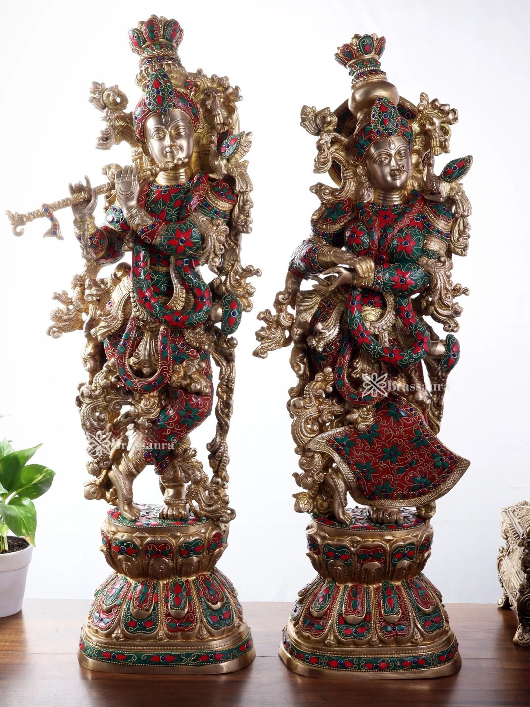 Brass Radha-krishna Idol – Gemstone Meenakari Sculpture, 30-inch - Etsy