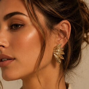 Vintage Gold Leaf Statement Earrings | Textured Fan Stud Earrings | Bold Retro Jewelry | Elegant Gold Earrings | Gift for Her