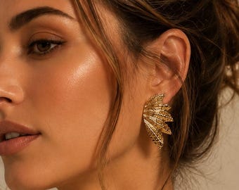 Vintage Gold Leaf Statement Earrings | Textured Fan Stud Earrings | Bold Retro Jewelry | Elegant Gold Earrings | Gift for Her