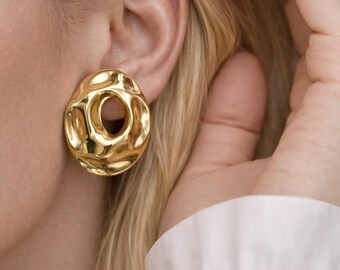 Modern Sculptural Gold Stud Earrings – Stainless Steel Hypoallergenic Statement Earrings, Handmade Minimalist Jewelry, Gift for Her