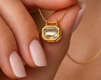 Minimalist Square Birthstone Necklace 18K Gold Plated Stainless Steel April Birthstone Necklace | Elegant Dainty Chain for Women | Everyday