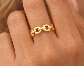 May include: A gold-colored chain link ring. The ring features a series of interconnected oval links, creating a continuous chain design. The ring is worn on a finger, showcasing its polished, reflective surface. The jewelry piece is a fashion accessory.