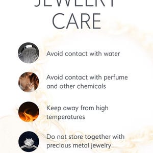 May include: Image with the text "JEWELRY CARE" and tips for jewelry maintenance. It advises avoiding water, perfume, and high temperatures. It also suggests not storing jewelry with other precious metals. A shower head, perfume bottle, fire, and ring are pictured.