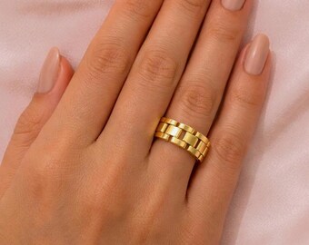 18K Gold French Retro Chain Ring for Women | Adjustable Statement Ring | Minimal Vintage Style Jewelry
