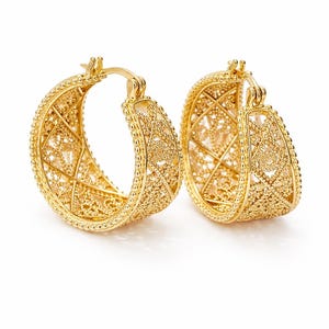Vintage Bohemian Golden Wire Hoop Earrings – KC Gold-Plated Intricate Floral Design, Lightweight Statement Earrings for Women image 4