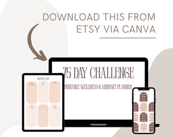 May include: Digital wellness planner displayed on a laptop, tablet, and phone. The laptop screen shows "75 Day Challenge" and "Printable Wellness & Mindset Planner." The tablet displays a grocery list, and the phone shows a list of goals.