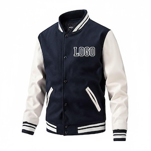 May include: Navy blue varsity jacket with white sleeves and trim. The jacket features the word "LOGO" in white block letters on the chest. The jacket has a button-up front and a ribbed collar and cuffs.