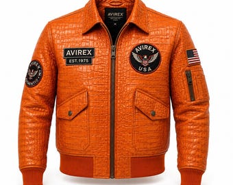 Avirex Style Orange Crocodile Leather Bomber Jacket, Men's Hip Hop Varsity USA Eagle Patch
