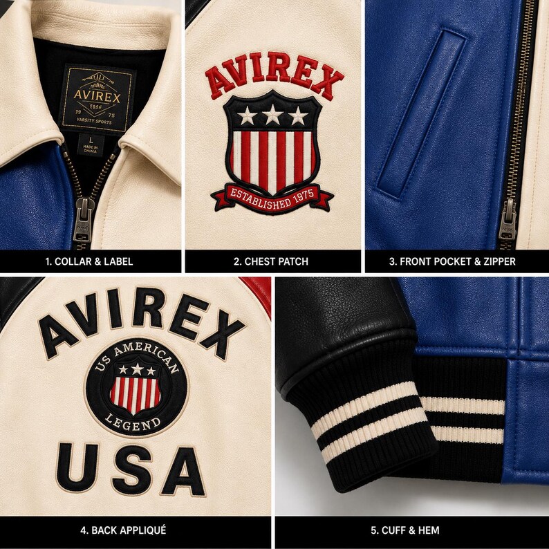 Pu&ograve; includere: Una giacca varsity in pelle color crema, blu e nero. I dettagli includono un'etichetta Avirex, una toppa sul petto a forma di scudo rosso, bianco e blu, una cerniera frontale, un'applicazione posteriore con il testo Avirex US American Legend USA e polsini a coste.
