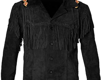 Svart mockajacka med westernfransar, cowboykappa i inhemsk stil, herr