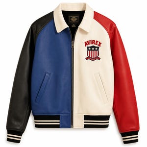 Pu&ograve; includere: Una giacca in pelle a blocchi di colore con manica destra nera, pannello frontale destro blu, pannello frontale sinistro color crema e manica sinistra rossa. Presenta un colletto color crema, una cerniera e un logo Avirex ricamato.