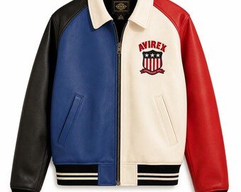 Avirex Heritage Leather Jacket USA Varsity Bomber Handmade Retro Color block