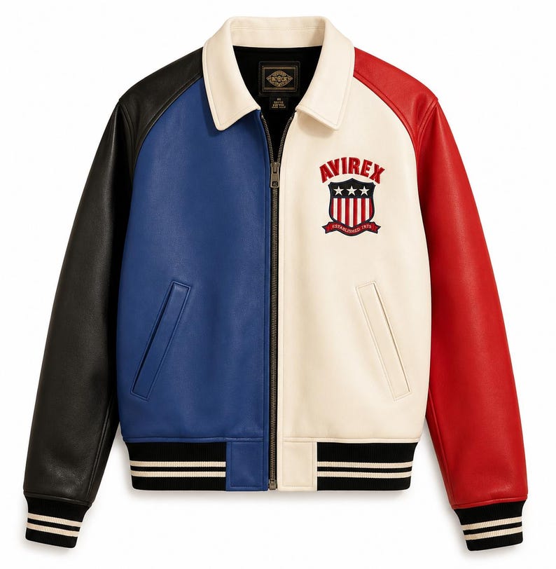 Pu&ograve; includere: Una giacca in pelle a blocchi di colore con manica destra nera, pannello frontale destro blu, pannello frontale sinistro color crema e manica sinistra rossa. Presenta un colletto color crema, una cerniera e un logo Avirex ricamato.
