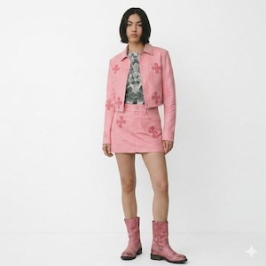 May include: A light pink jacket and matching mini skirt set featuring embroidered dark pink cross motifs. The jacket has a collar, long sleeves, and button closures. The skirt is a high-waisted mini style. Paired with pink leather mid-calf boots.