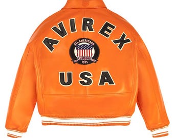 Orange Leather Varsity Jacket – Bold American Dream Patch, Handmade Fashion